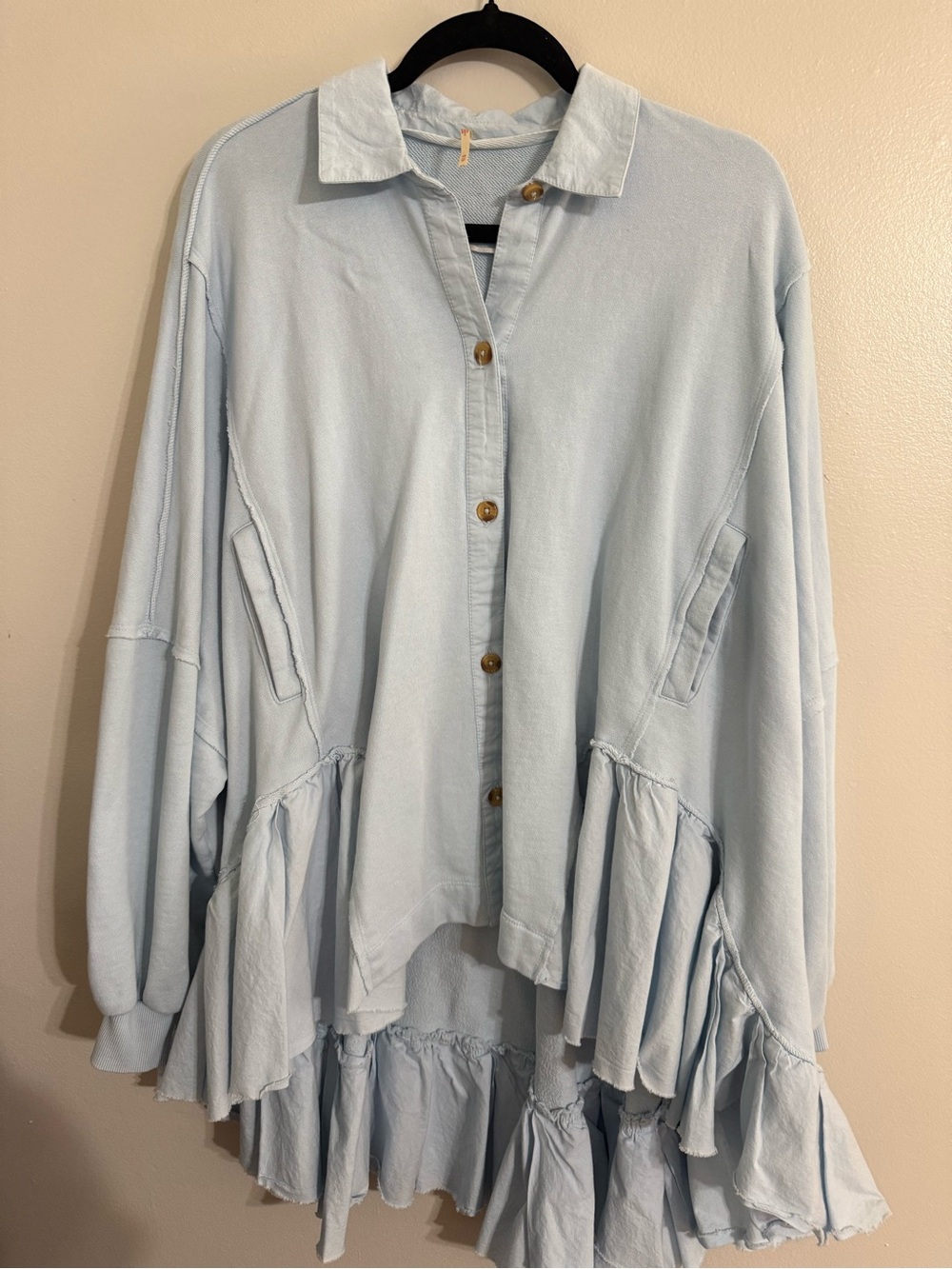 Free People Light Blue Button-Front Ruffle Hem Top